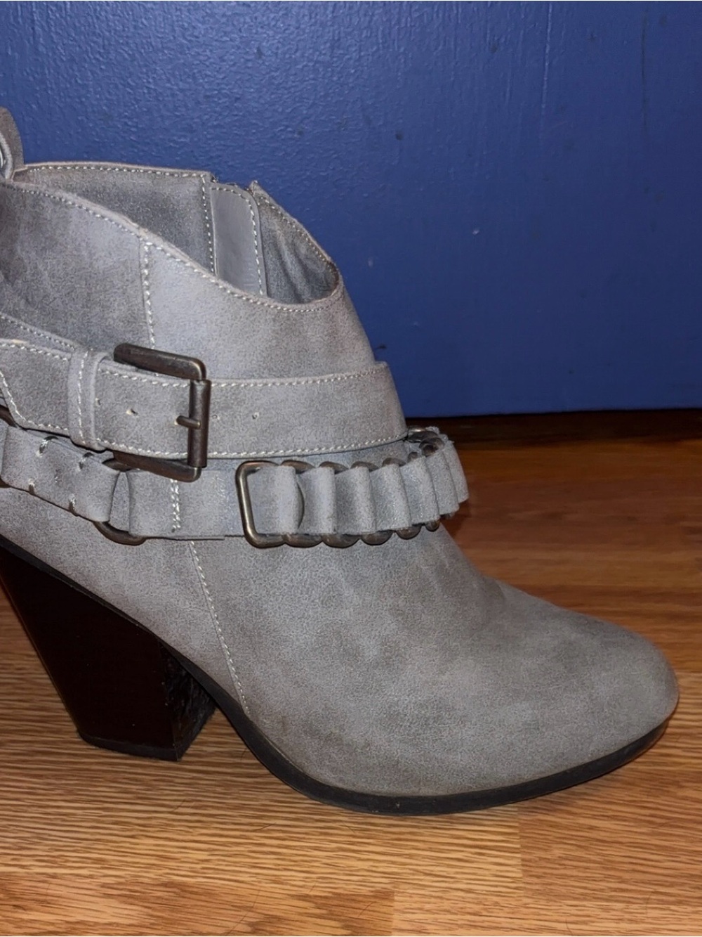 Women's Gray Suede Ankle Bootie with Buckle Detail